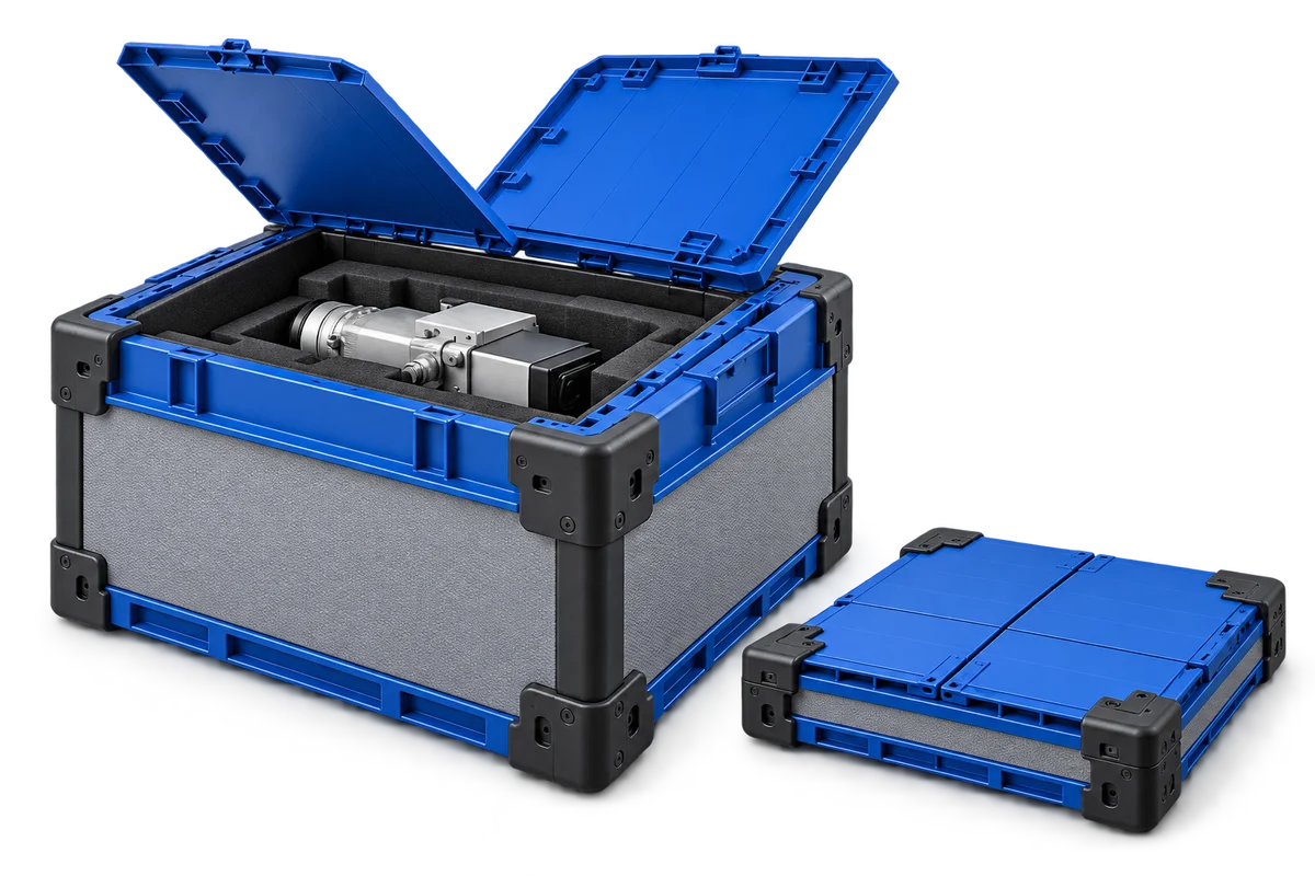 Blue and graphite packaging open with protective inserts, alongside its folded form