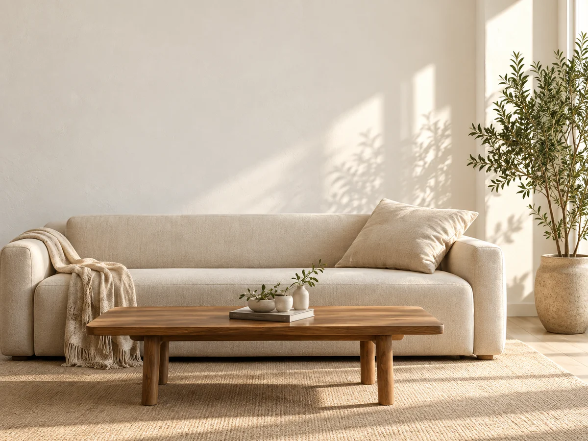 Beige sofa in a bright, natural living room